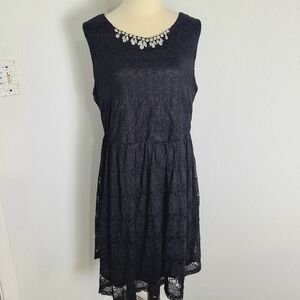 Haani Sleeveless Black Dress with Lace Overlay & Jewel Neckline, Size 1X